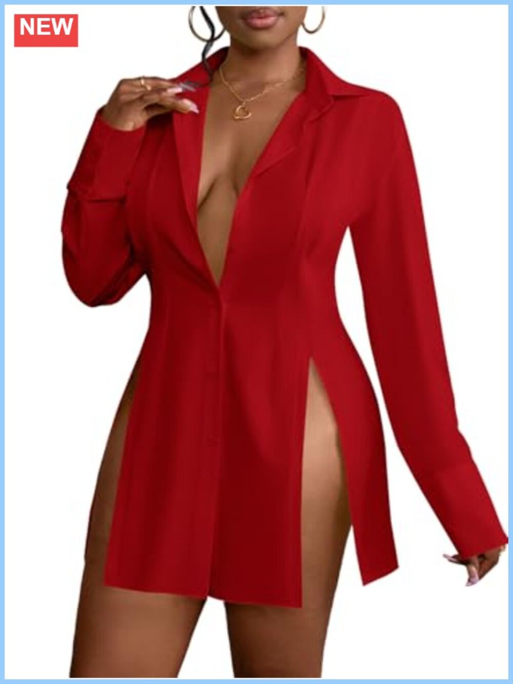 Collared Deep V Neck Button Down Mini Shirt Dress - Picture 2 of 6